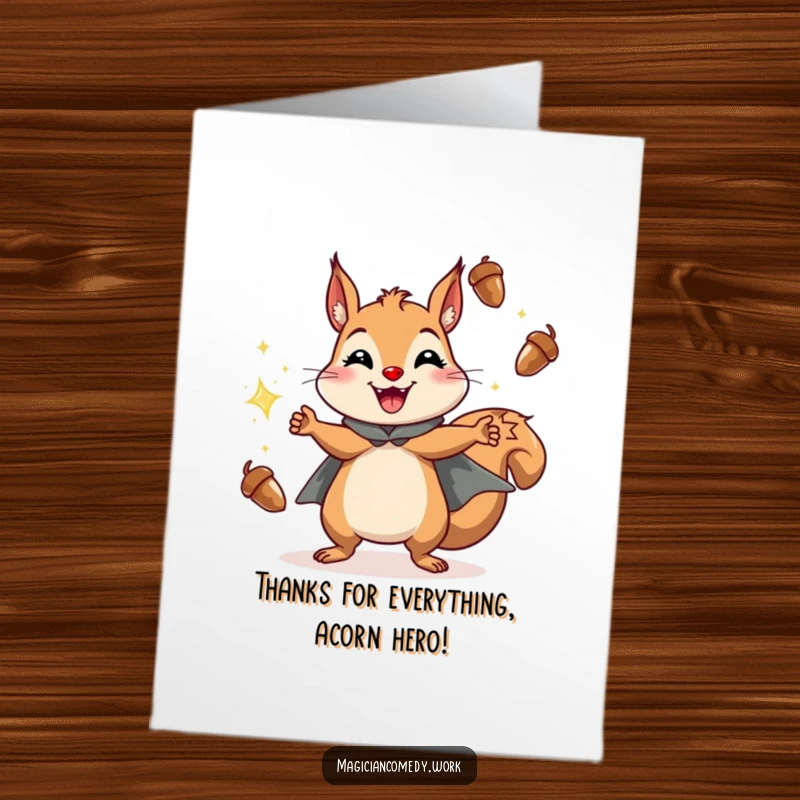 Funny Free Printable Thank You Card: Cheerful squirrel in a cape juggles sparkling acorns, expressing gratitude with a big grin.