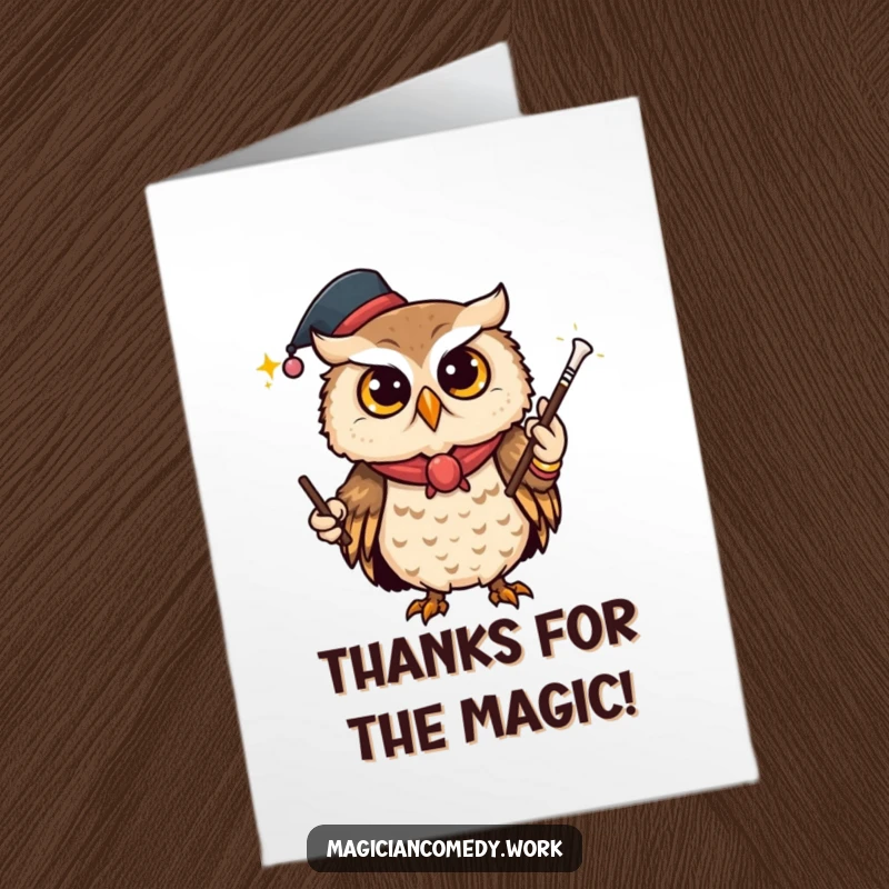 Funny Free Printable Thank You Card: A curious owl magician winks while making a magic wand vanish, a clever thank you.