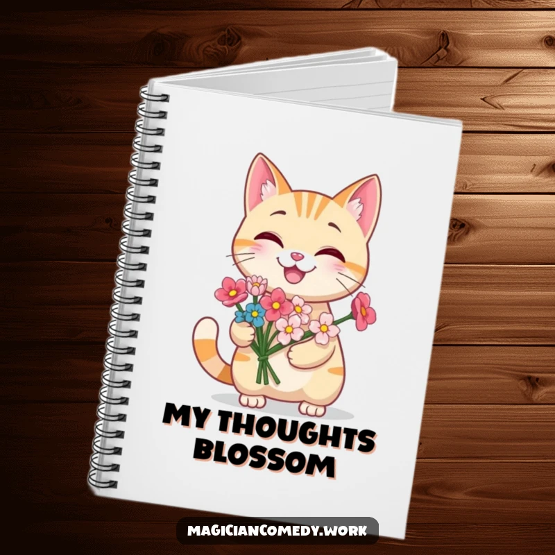 Funny grinning cat notebook with a cute cat producing a bouquet of flowers from its paw, designed for capturing creative thoughts and floral musings.