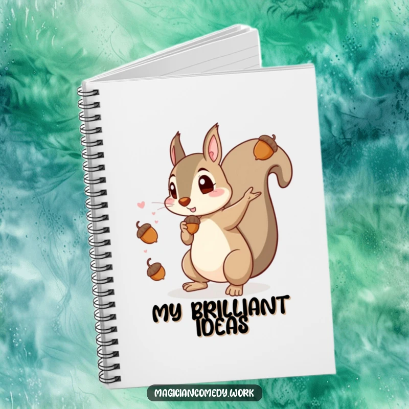 Funny notebook with a mischievous squirrel magician conjuring acorns, ideal for notes and a touch of woodland humor.