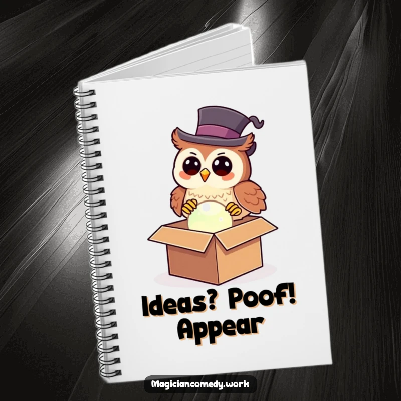 Funny owl magician notebook featuring a happy owl in a top hat pulling a glowing orb from a box, for writing.
