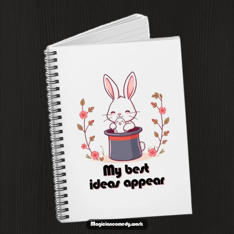 Funny magic rabbit notebook with a cute bunny pulling a rabbit from a top hat, designed for jotting down funny thoughts and ideas.
