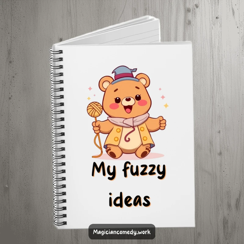 Funny bear magician notebook, a happy bear levitating yarn, perfect for writing magical plans and creative notes.