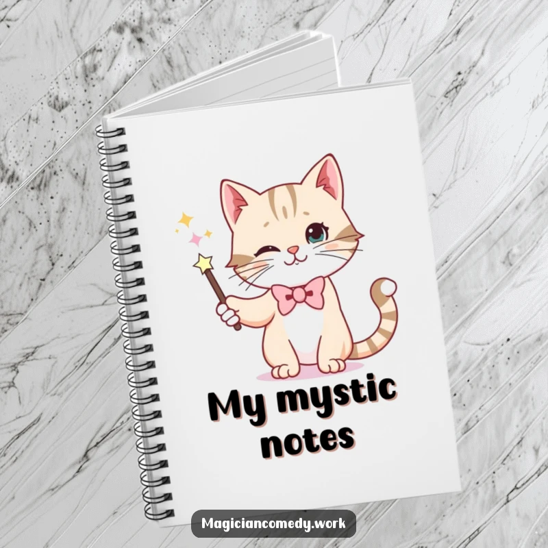 Funny notebook featuring a whiskered cat in a bowtie making a wand disappear, perfect for jotting down magical ideas or cat secrets.