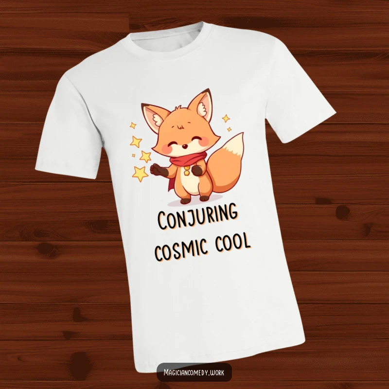 Funny fox magician t-shirt, a playful fox conjuring sparkling stars from its paws, radiating mischievous magic.