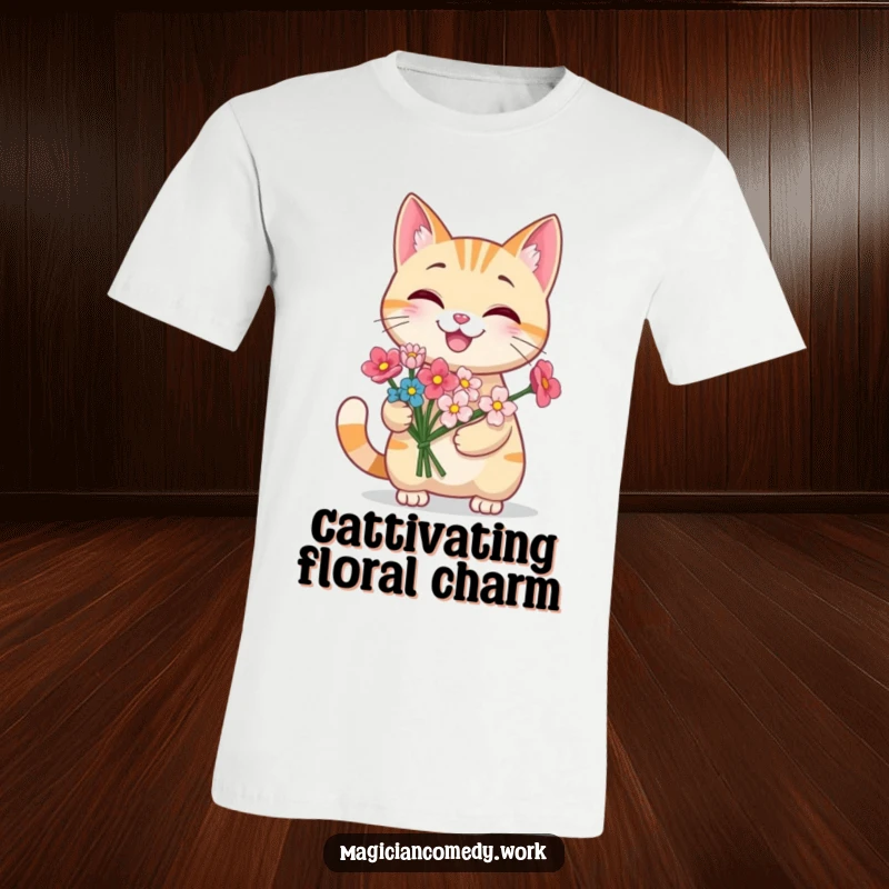 Funny grinning cat t-shirt featuring a cute cat producing a bouquet of flowers from its paw, a delightful magical and floral display.