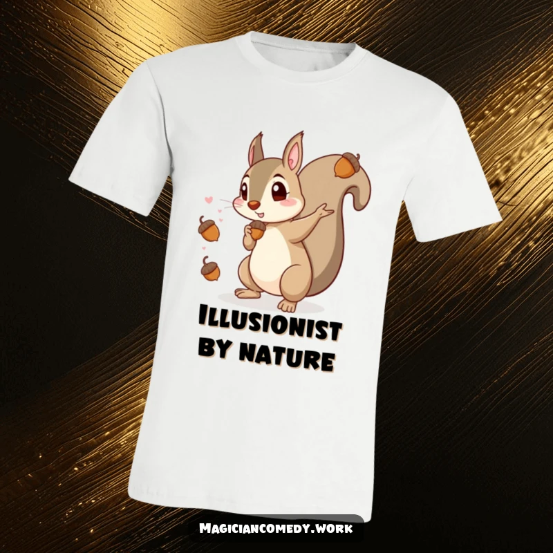 Funny t-shirt of a mischievous squirrel magician pulling acorns from nothing, looking sly and magical, designed for laughs and gifting.