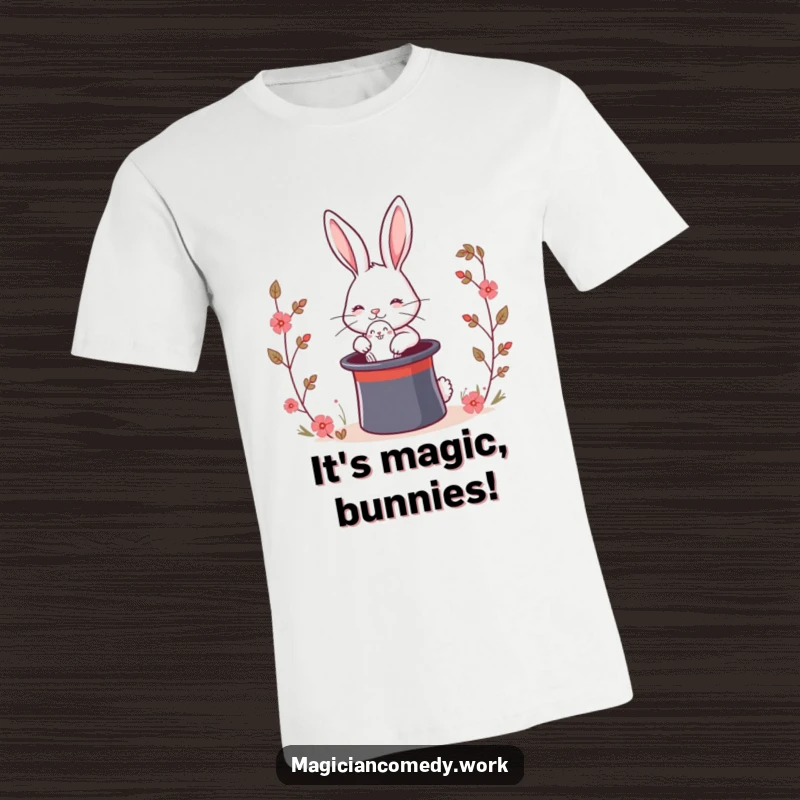 Funny magic rabbit t-shirt of a cute bunny pulling a rabbit from a top hat, performing an astonishing and funny magic illusion.