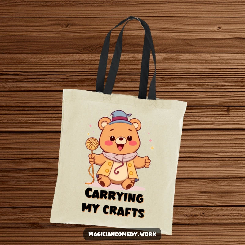 Funny bear magician tote bag, a happy bear levitating yarn, perfect for carrying magical treasures.