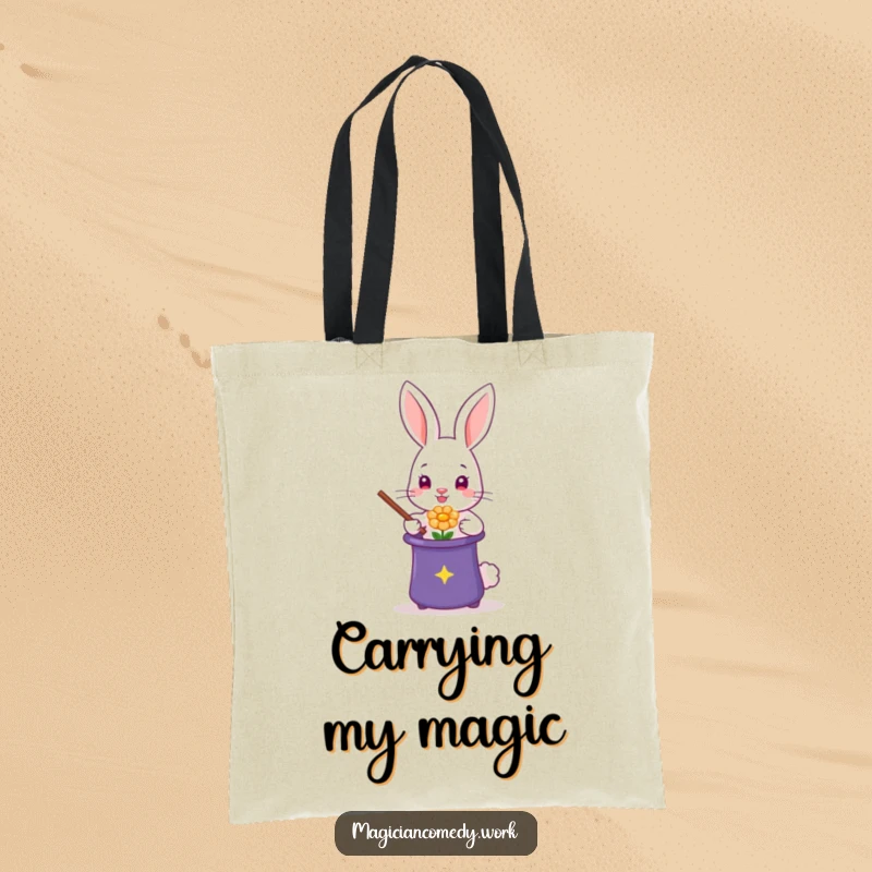Funny rabbit magician tote bag, a cute bunny performing a flower trick, perfect for carrying magical items.