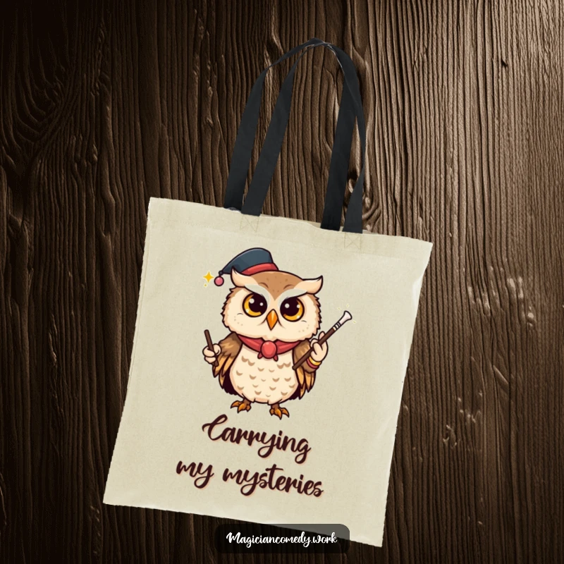 Funny owl magician tote bag, a curious owl vanishing a wand, perfect for carrying magical secrets.