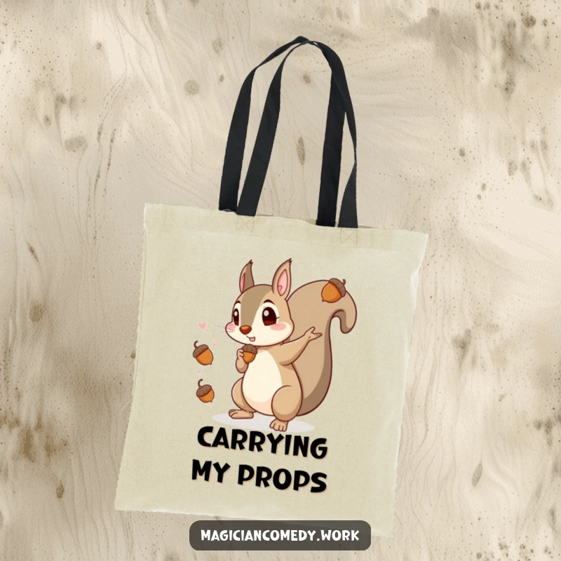 Funny tote bag with a mischievous squirrel magician creating acorns from thin air, perfect for shopping and a humorous touch.