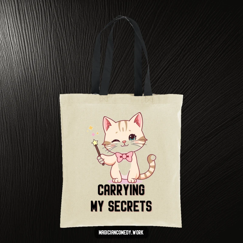 Funny tote bag featuring a whiskered cat in a bowtie making a wand disappear, perfect for carrying magical essentials.