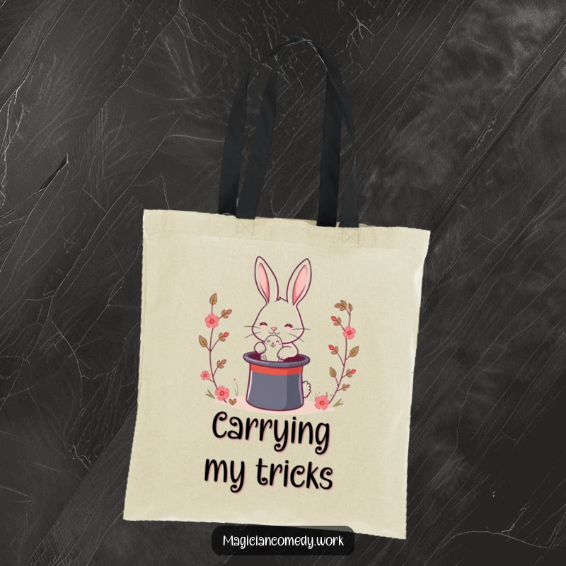 Funny magic rabbit tote bag with a cute bunny pulling a rabbit from a top hat, a whimsical and funny accessory for carrying goods.