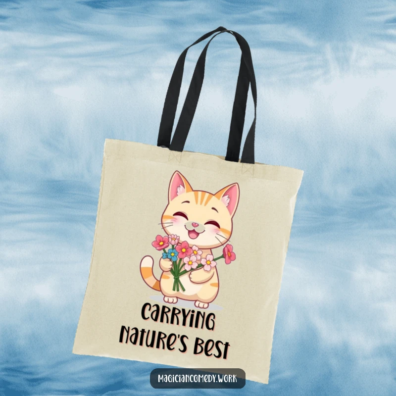Funny grinning cat tote bag with a cute cat producing a bouquet of flowers from its paw, a charming and practical accessory.