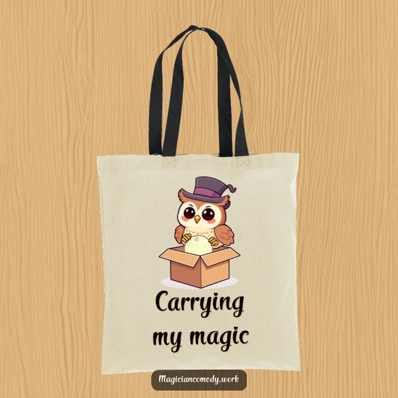 Funny owl magician tote bag with a happy owl in a top hat pulling a magical glowing orb from a box, a humorous accessory.