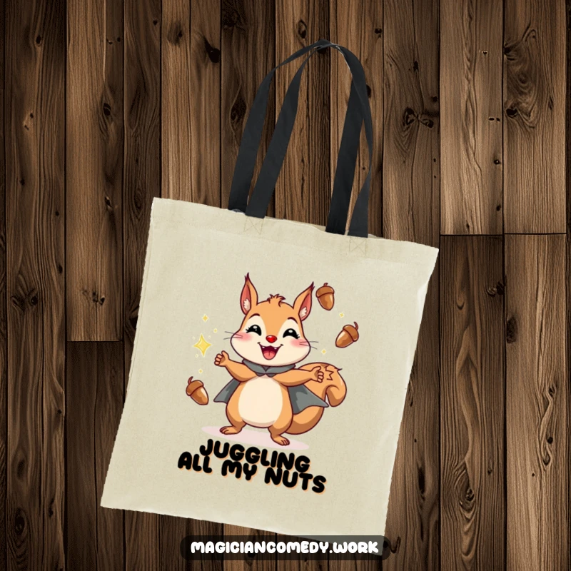 Funny squirrel juggling tote bag with a cheerful squirrel in a cape grinning while juggling sparkling acorns, a functional accessory.